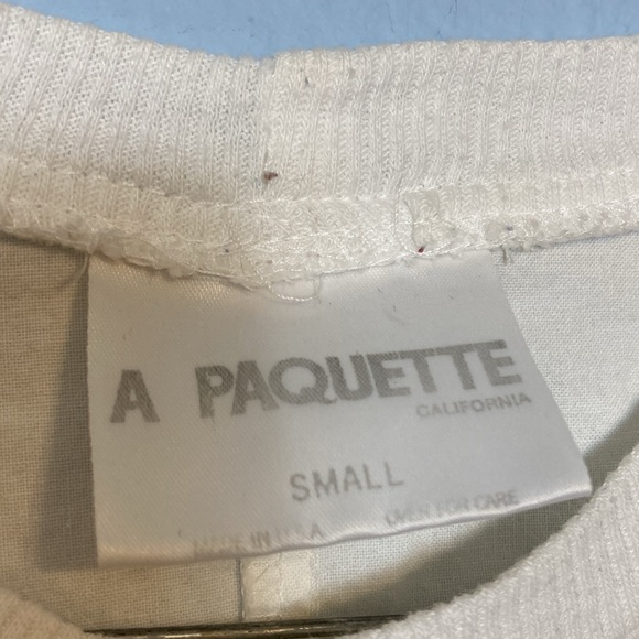 Vintage A Paquette Womens Sz S Blue Pink Patchwork Front Short Sleeve White Tee - Picture 4 of 12